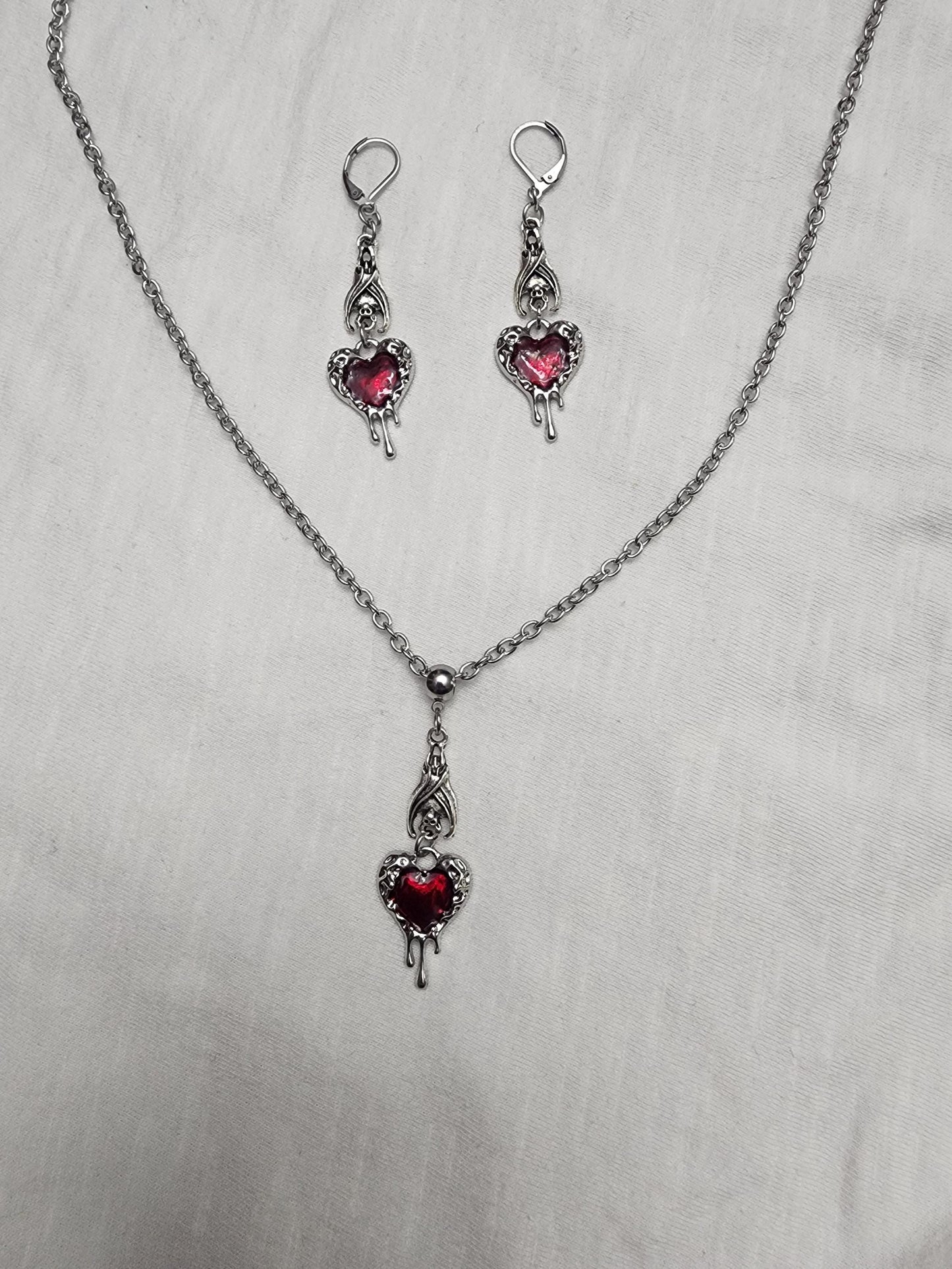 Vampire Bat with Bleeding Heart necklace and earrings set