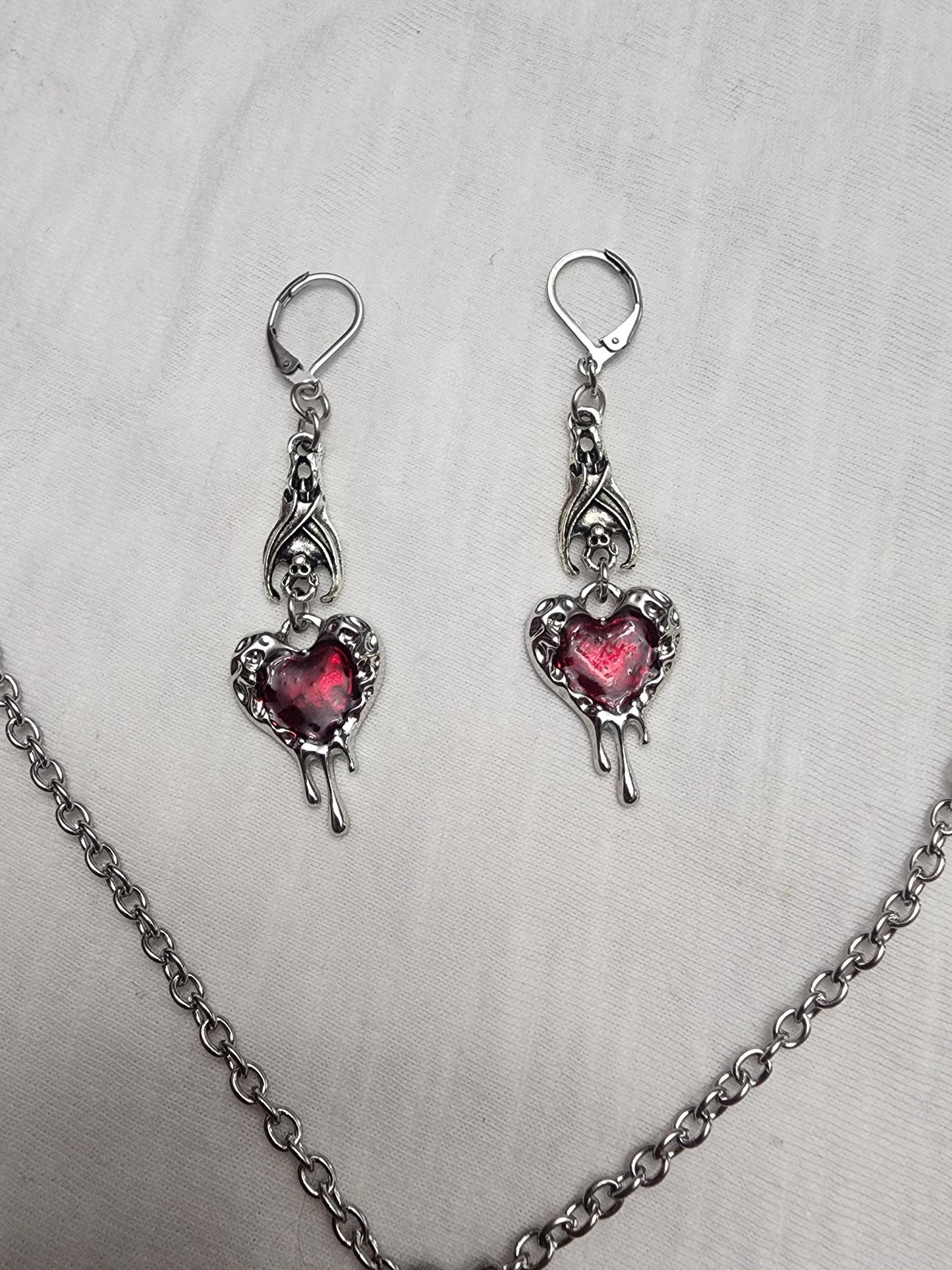 Vampire Bat with Bleeding Heart necklace and earrings set