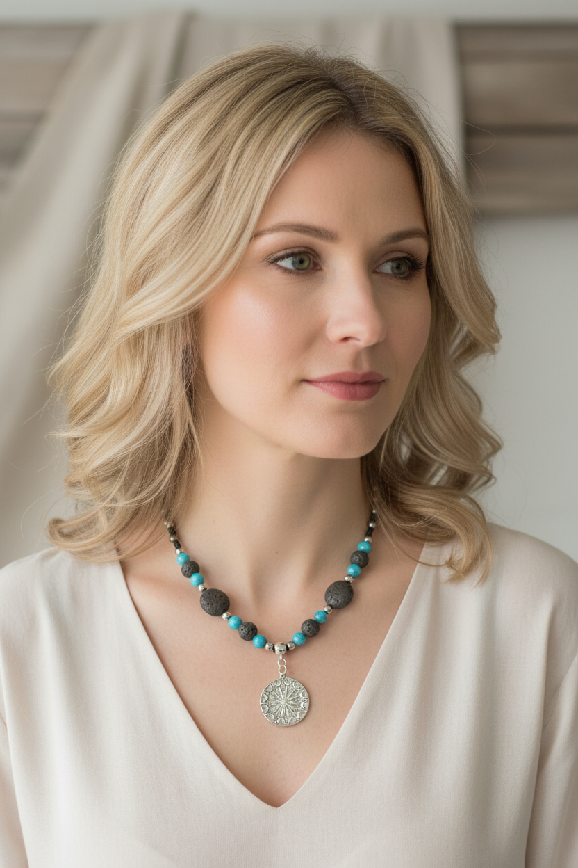 Sterling silver Sun and moon mandala on lava, apatite and hematite necklace