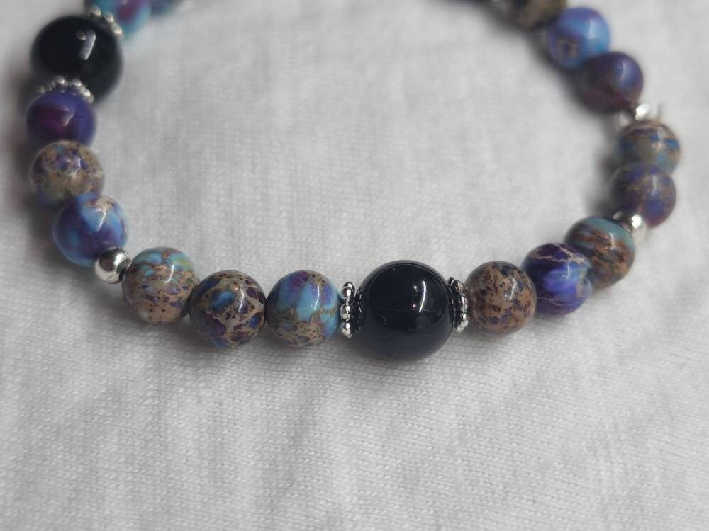 Sea sediment Jasper with black Tourmaline stretch bracelet