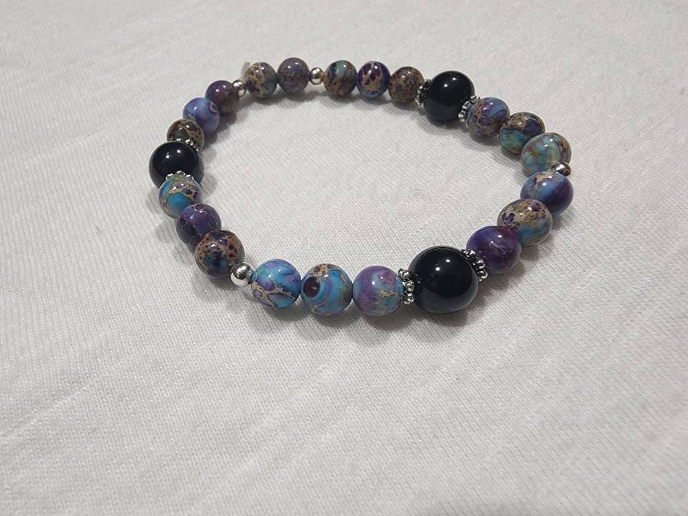 Sea sediment Jasper with black Tourmaline stretch bracelet