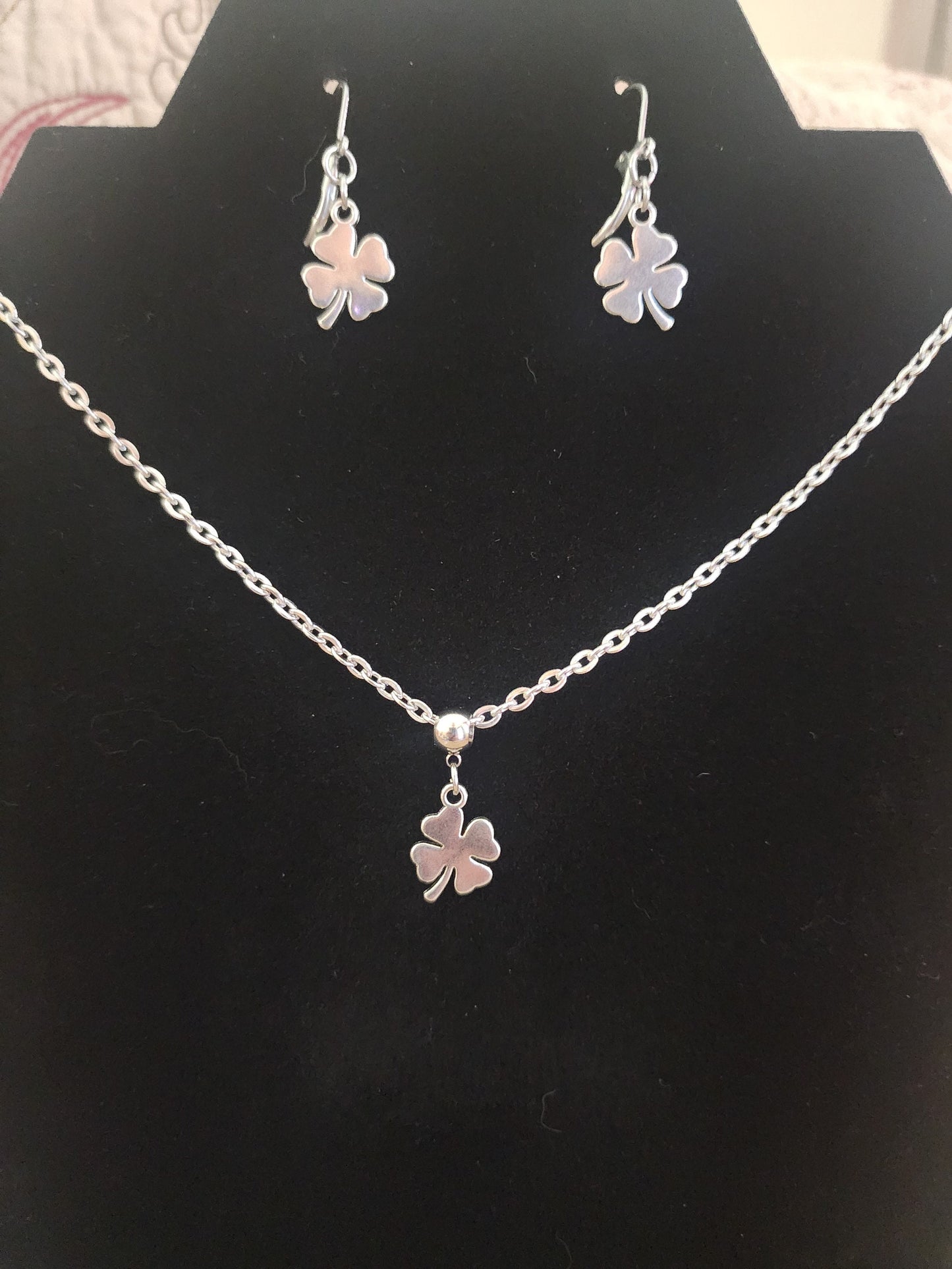 Small shamrock ,four leaf clover, good luck necklace and earrings set