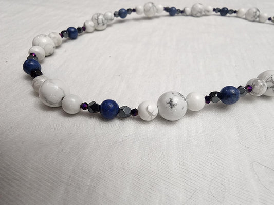 Howlite and Dumortierite necklace with Hematite and acrylic accents.